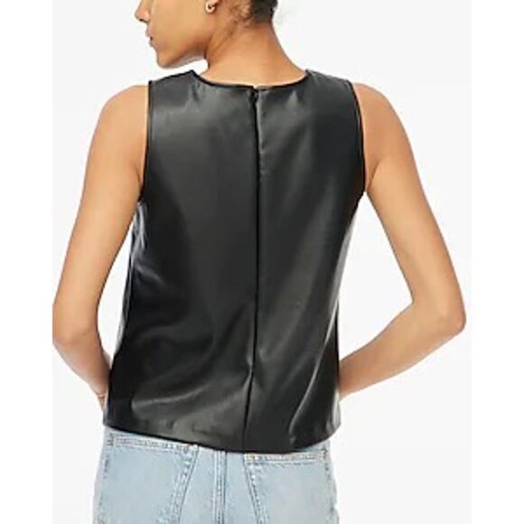 J. Crew XS Black Faux Leather Full Zip Lined Sleeveless Round Neckline Tank Top - Picture 2 of 12